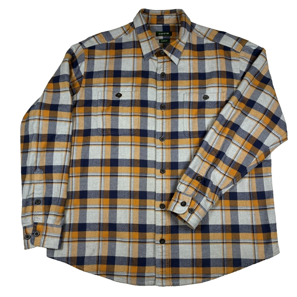 Orvis Perfect Flannel Shirt Mens 2XL Classic Orange Blue gray Plaid Heavy Cotton